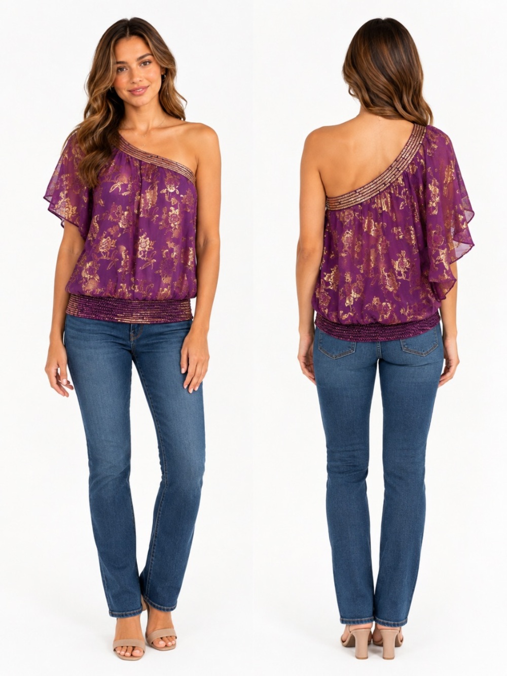 BEBE One-Shoulder Purple Top Gold Floral Foil Size: Large